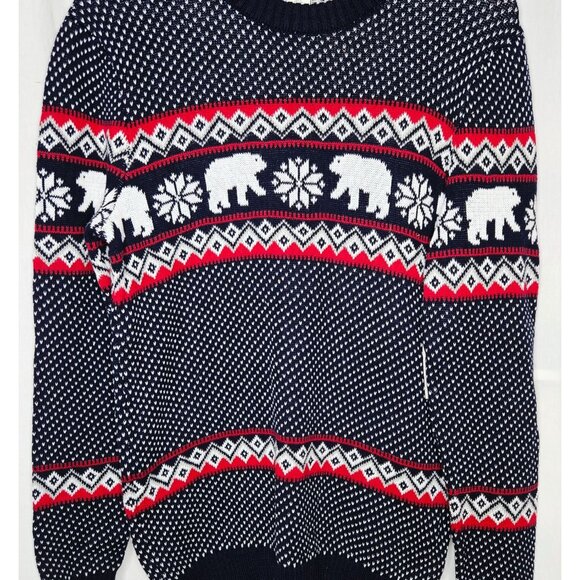 Aspen Men's Fair Isle Polar Bear Christmas Sweater Navy Blue White Small - Picture 1 of 8